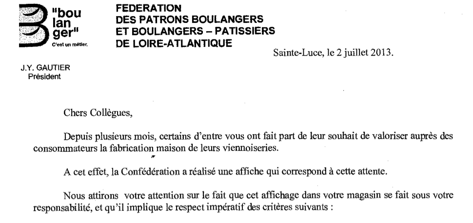 Lettre envoyée par la Confédération à un Artisan Boulangers en Loire-Atlantique - cliquez pour la télécharger.